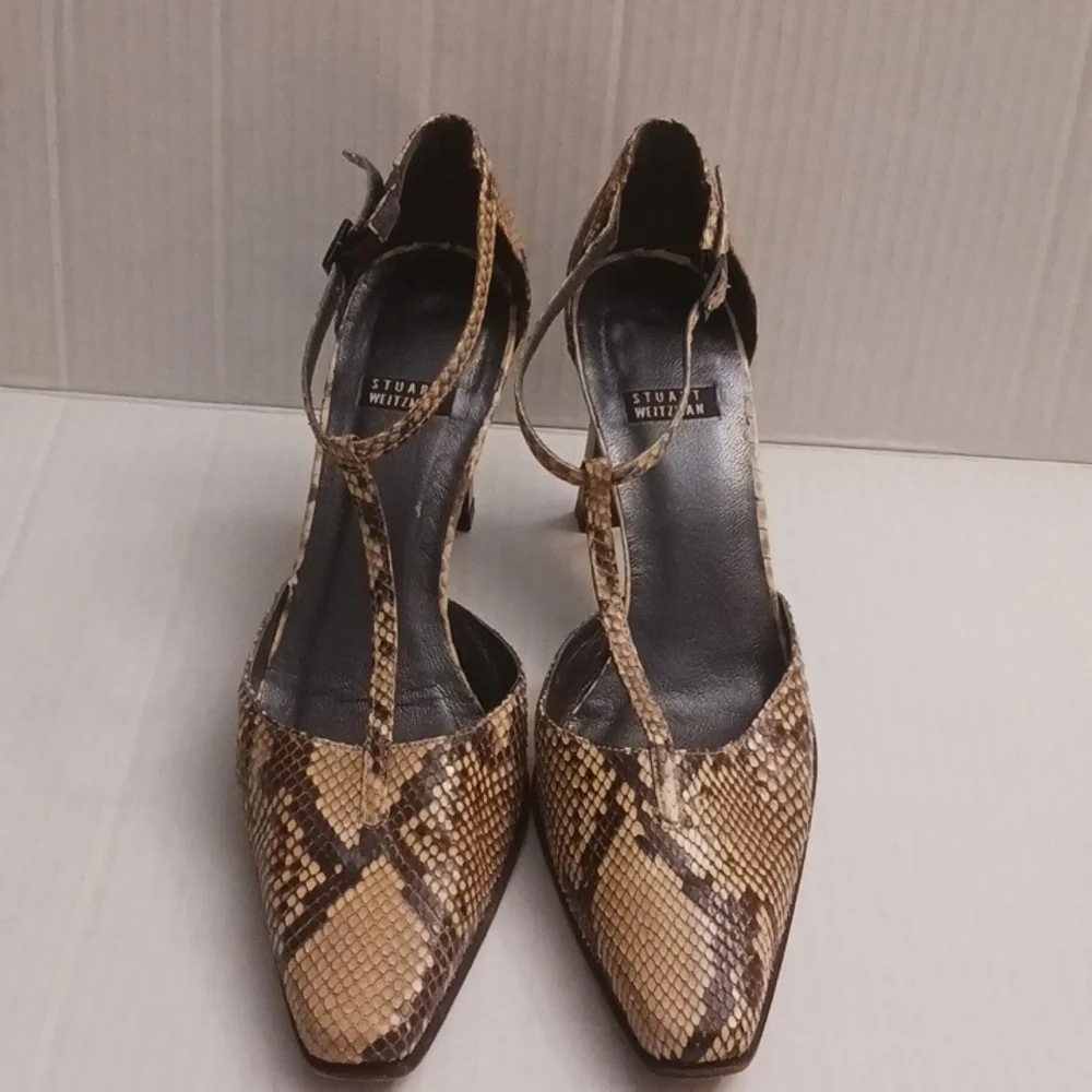 Stuart Weitzman size 7B women's snake print t-strap high-heel shoes brown cream. - Picture 4 of 17